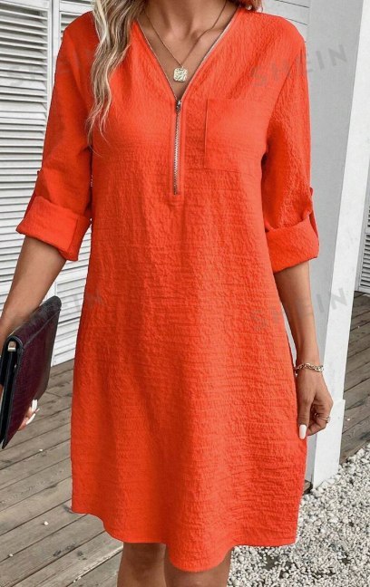 Sukienka z teksturowanym zamkiem, pomarańczowa, z kieszeniami