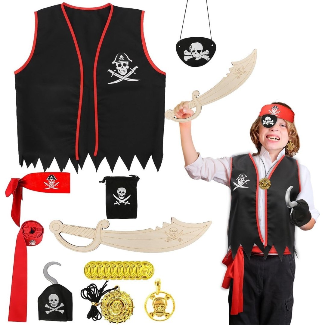 Zestaw 9 kostiumów pirackich z akcesoriami, bandana, hak, złote monety