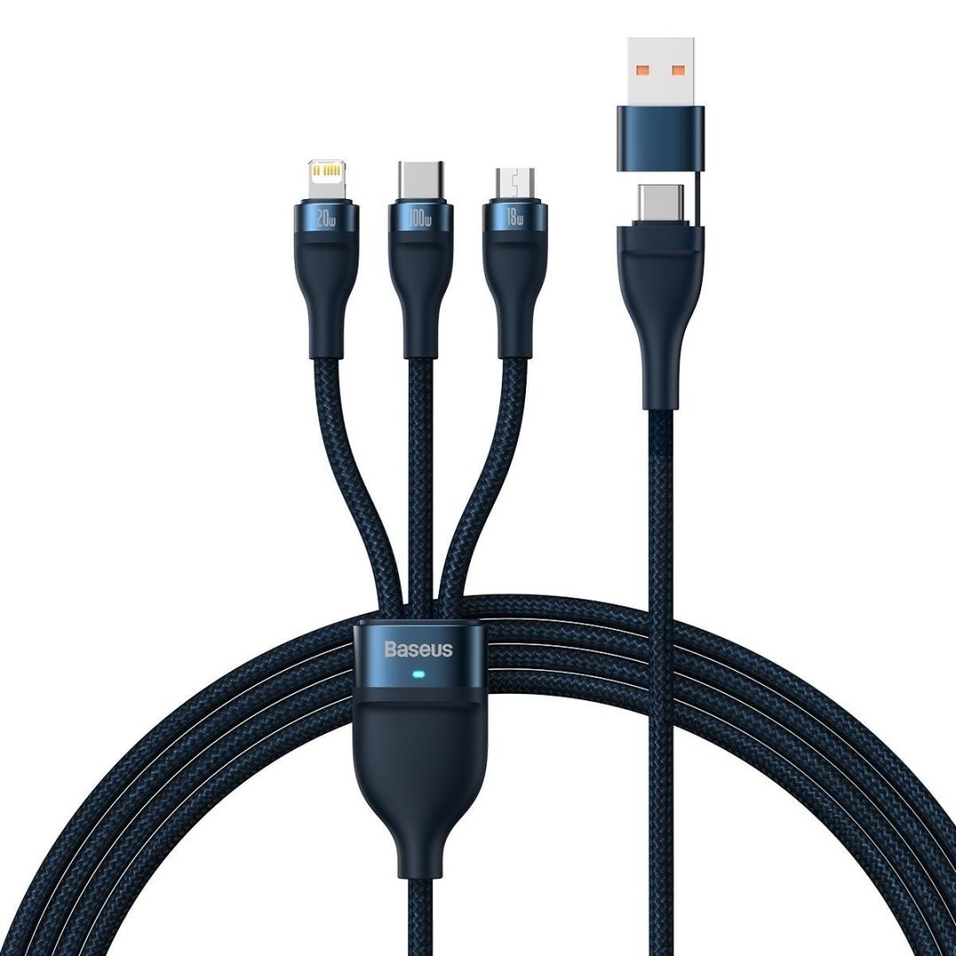 Kabel przewód 4w1 USB+USB-C do USB-C / iPhone Lightning / micro USB 1.2m – niebieski