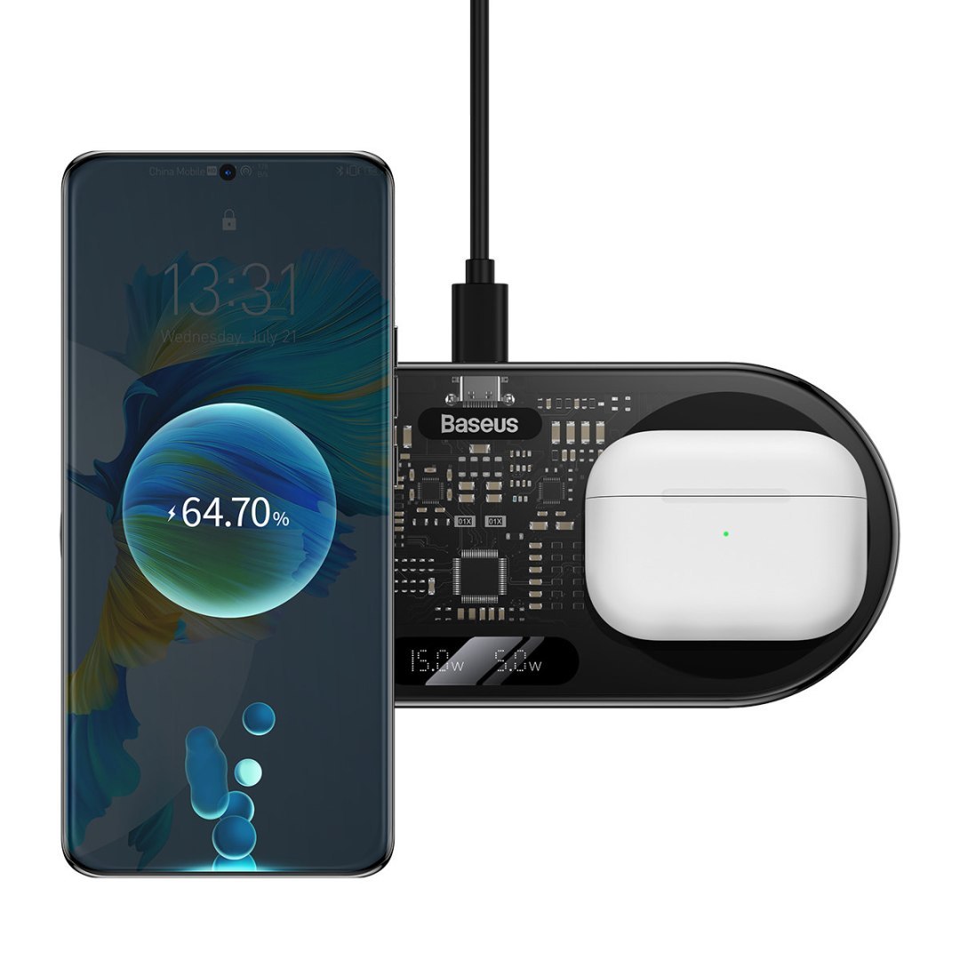 Podwójna ładowarka bezprzewodowa QI z wyświetlaczem USB-C 20W – czarny Podwójna ładowarka bezprzewodowa QI z wyświetlaczem USB-C 20W – czarny