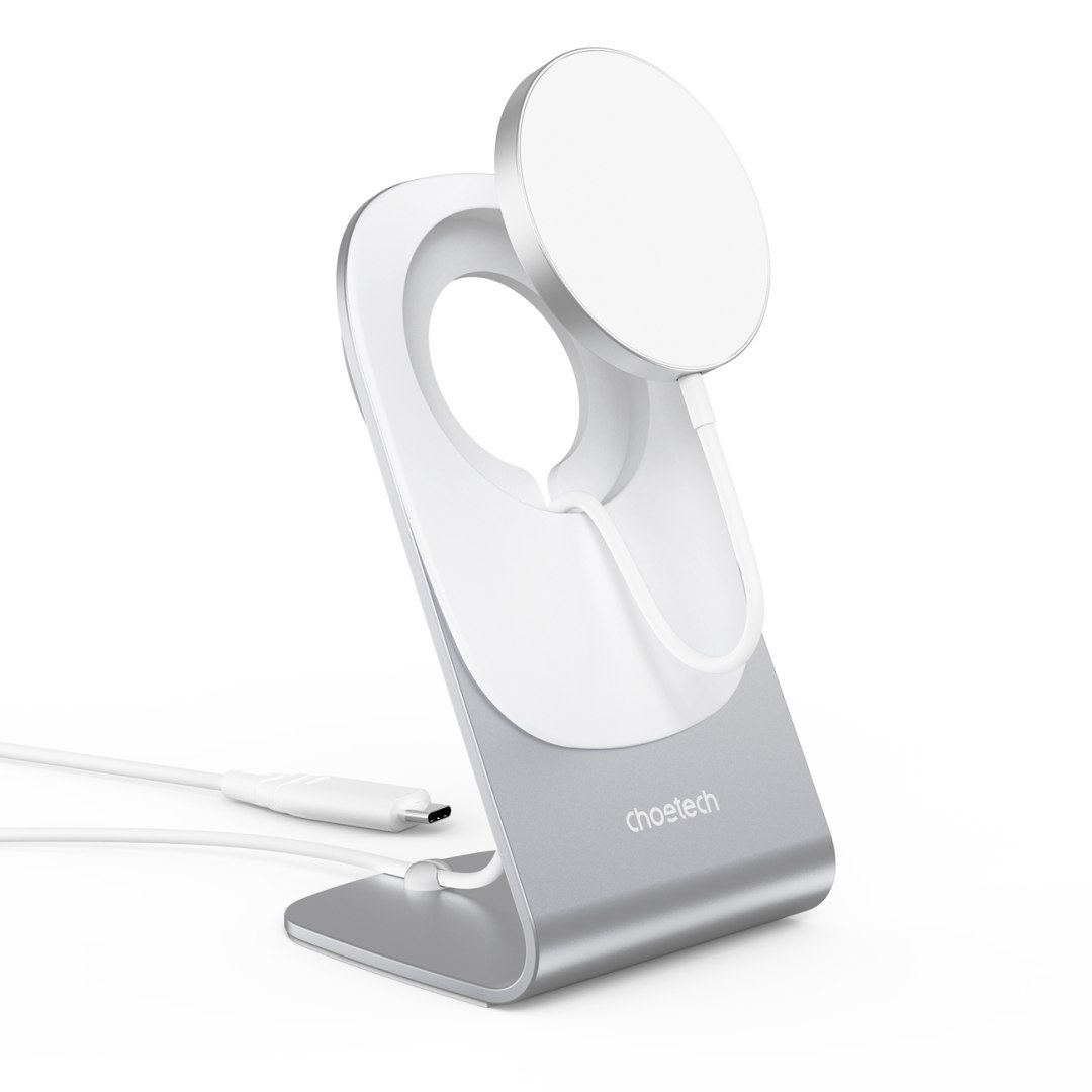Ładowarka indukcyjna 15W Qi z MagSafe + stojak magnetyczny na telefon – biała