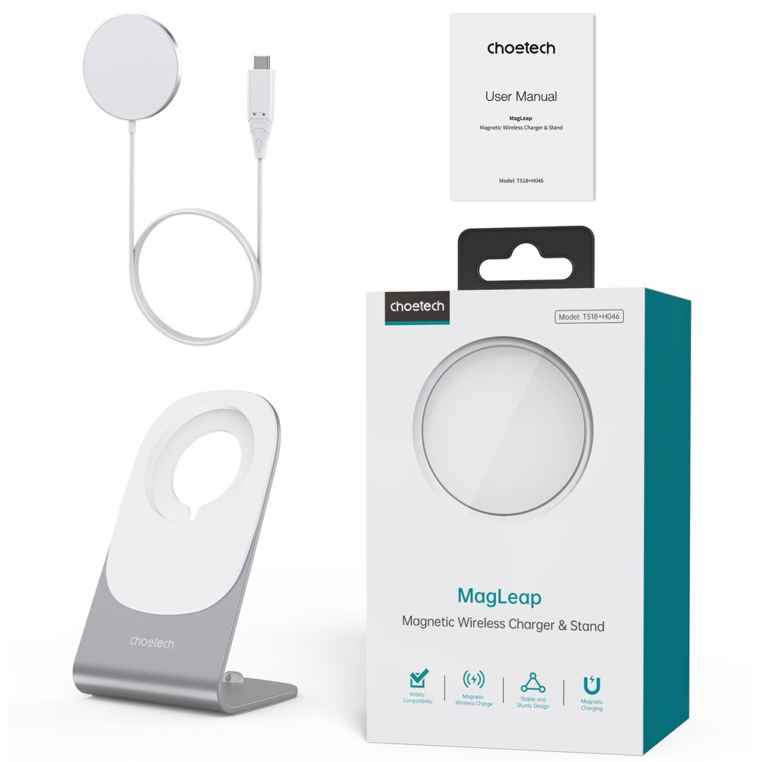 Ładowarka indukcyjna 15W Qi z MagSafe + stojak magnetyczny na telefon – biała Ładowarka indukcyjna 15W Qi z MagSafe + stojak magnetyczny na telefon – biała