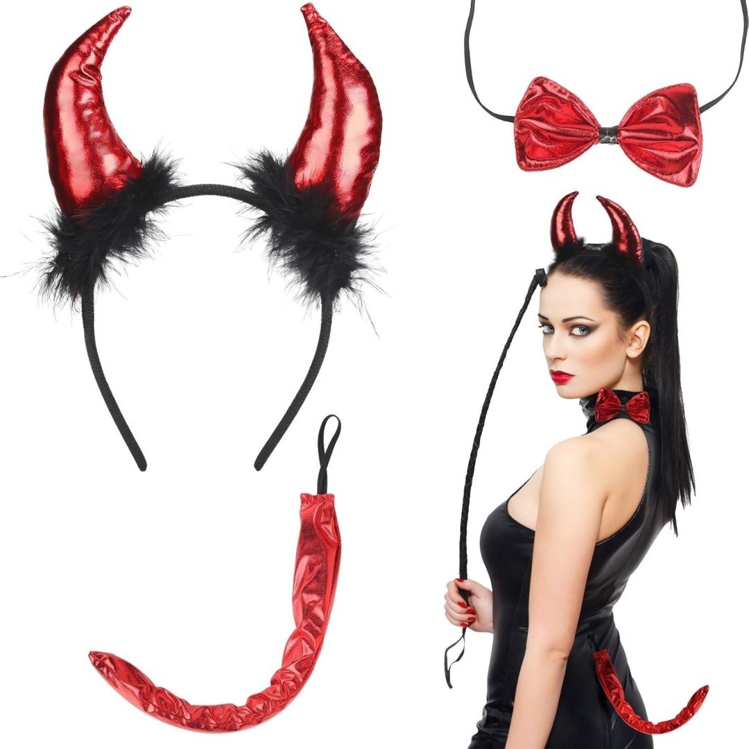 Zestaw 3 opasek na głowę: czerwona opaska z rogami, idealna na karnawał, Halloween, cosplay, dla dorosłych Zestaw 3 opasek na głowę: czerwona opaska z rogami, idealna na karnawał, Halloween, cosplay, dla dorosłych