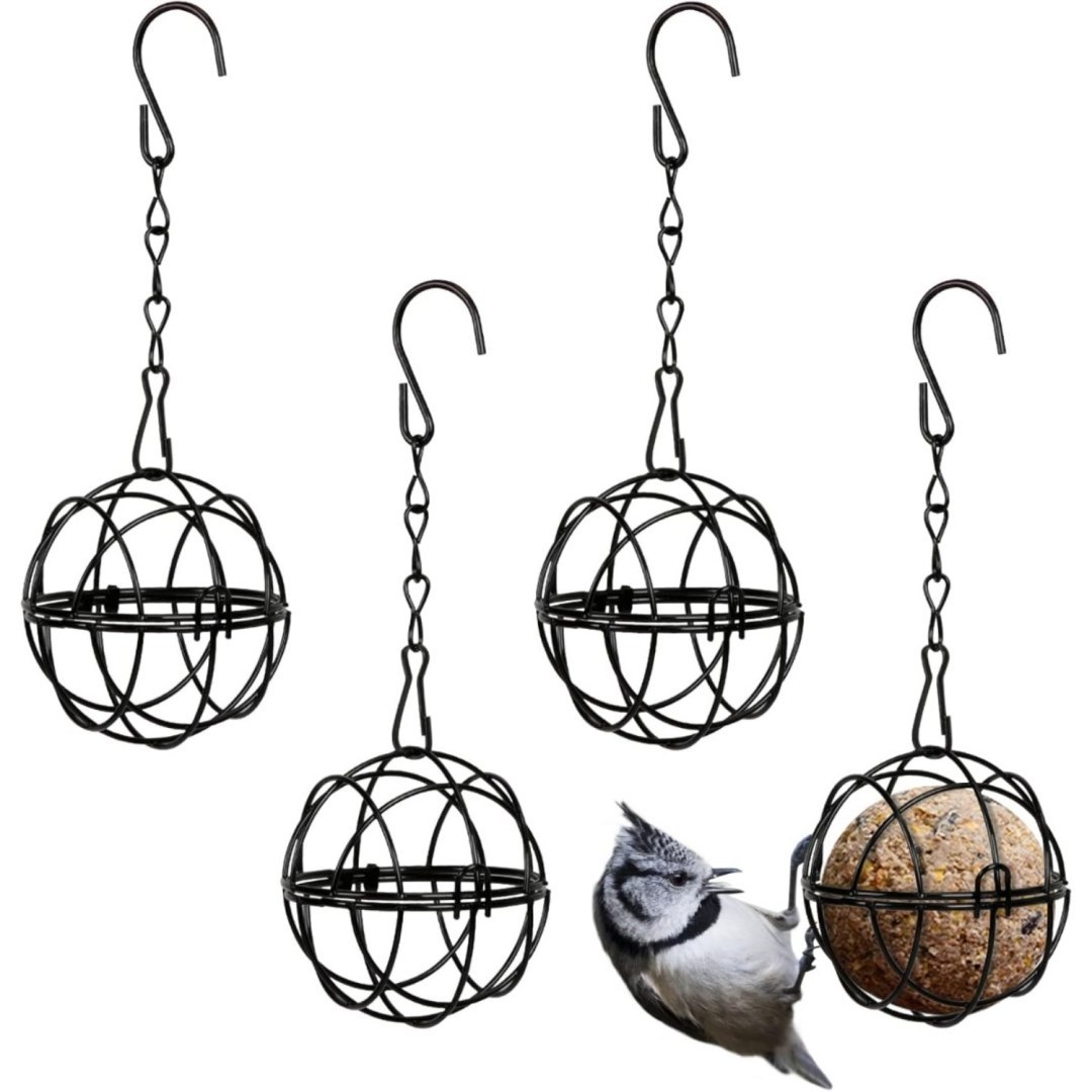 Karma dla ptaków, zestaw 4 metalowych karmników z hakami S, średnica 7 cm, czarny Karma dla ptaków, zestaw 4 metalowych karmników z hakami S, średnica 7 cm, czarny