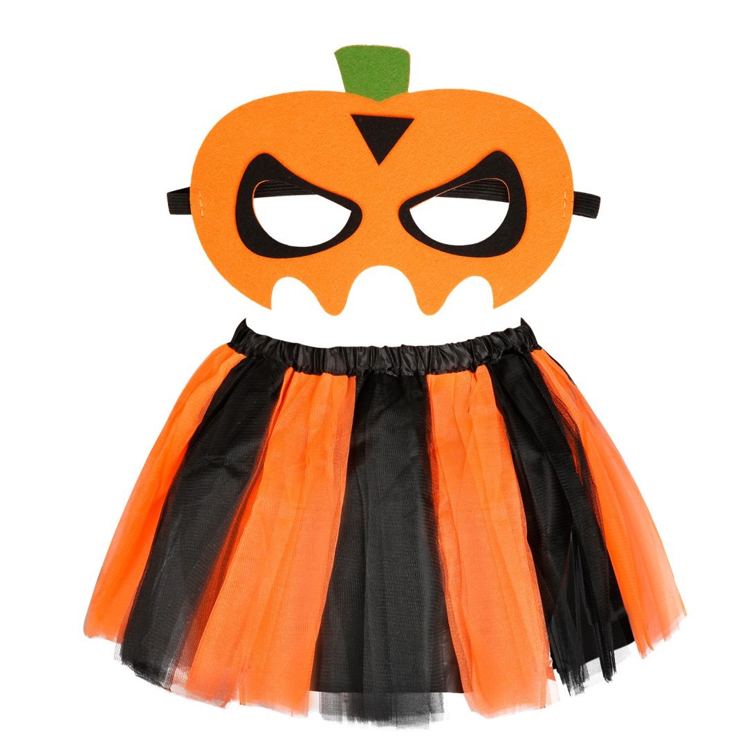 Strój na Halloween z maską dyni i czarno-pomarańczową sukienką Strój na Halloween z maską dyni i czarno-pomarańczową sukienką