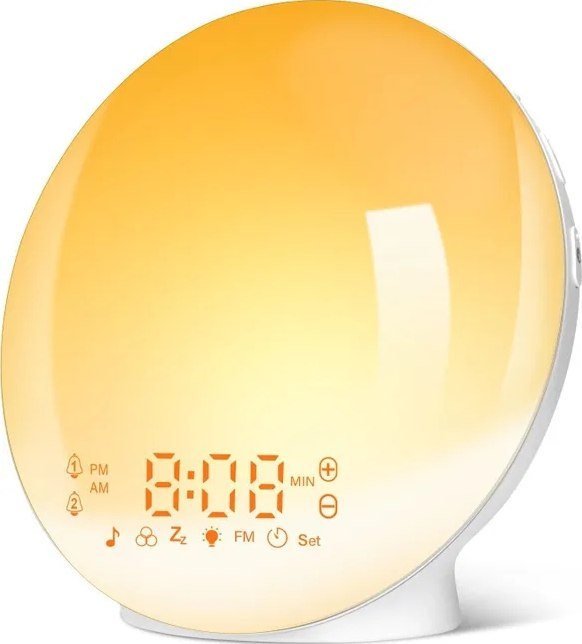 Zegar budzik LED z lampą, FM radio, 20 poziomów jasności, symulator wschodu i zachodu słońca Zegar budzik LED z lampą, FM radio, 20 poziomów jasności, symulator wschodu i zachodu słońca