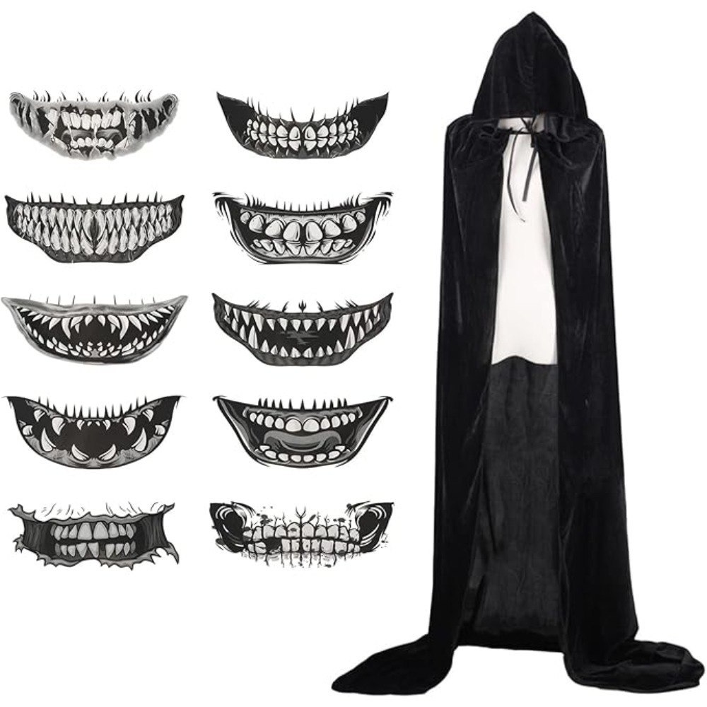Kostium gotycki z peleryną, czarny płaszcz z tatuażami, Halloween, karnawał, cosplay