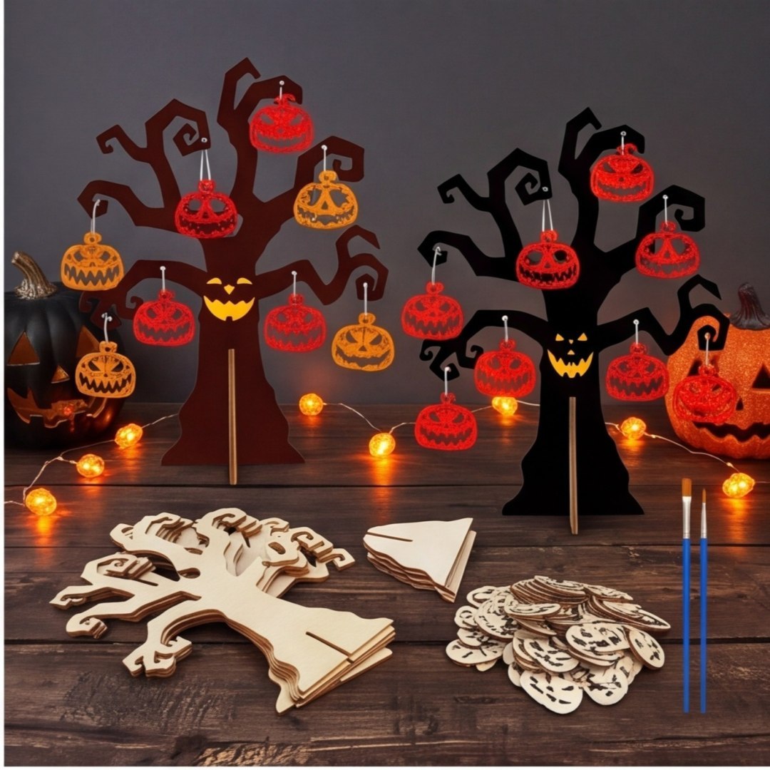Zestaw do dekoracji Halloween 56 elementów z drewnianymi krążkami i pędzelkami Zestaw do dekoracji Halloween 56 elementów z drewnianymi krążkami i pędzelkami