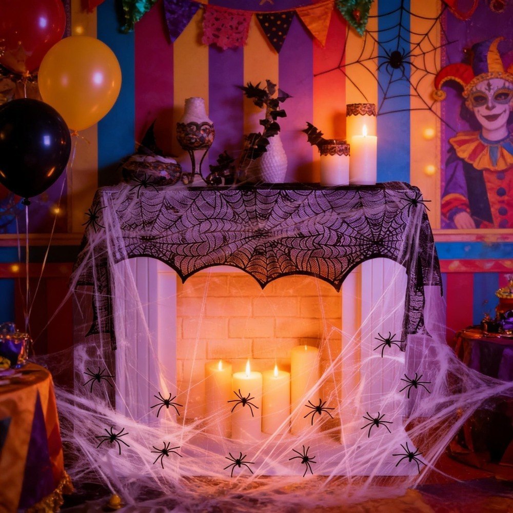 Dekoracja z czarnej koronki – elegancka sieć pająka na Halloween Dekoracja z czarnej koronki – elegancka sieć pająka na Halloween