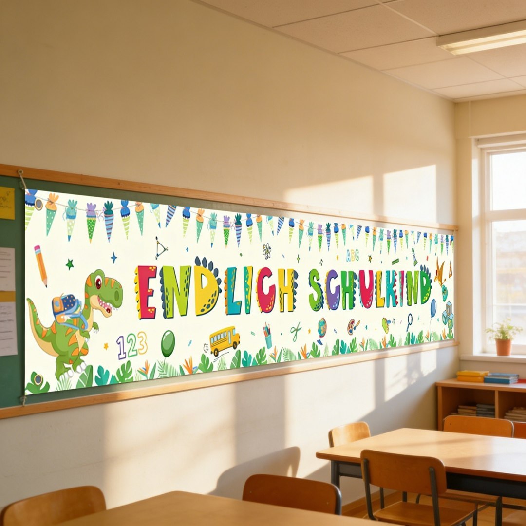Baner na pierwszy dzień szkoły z motywem dinozaura żółty