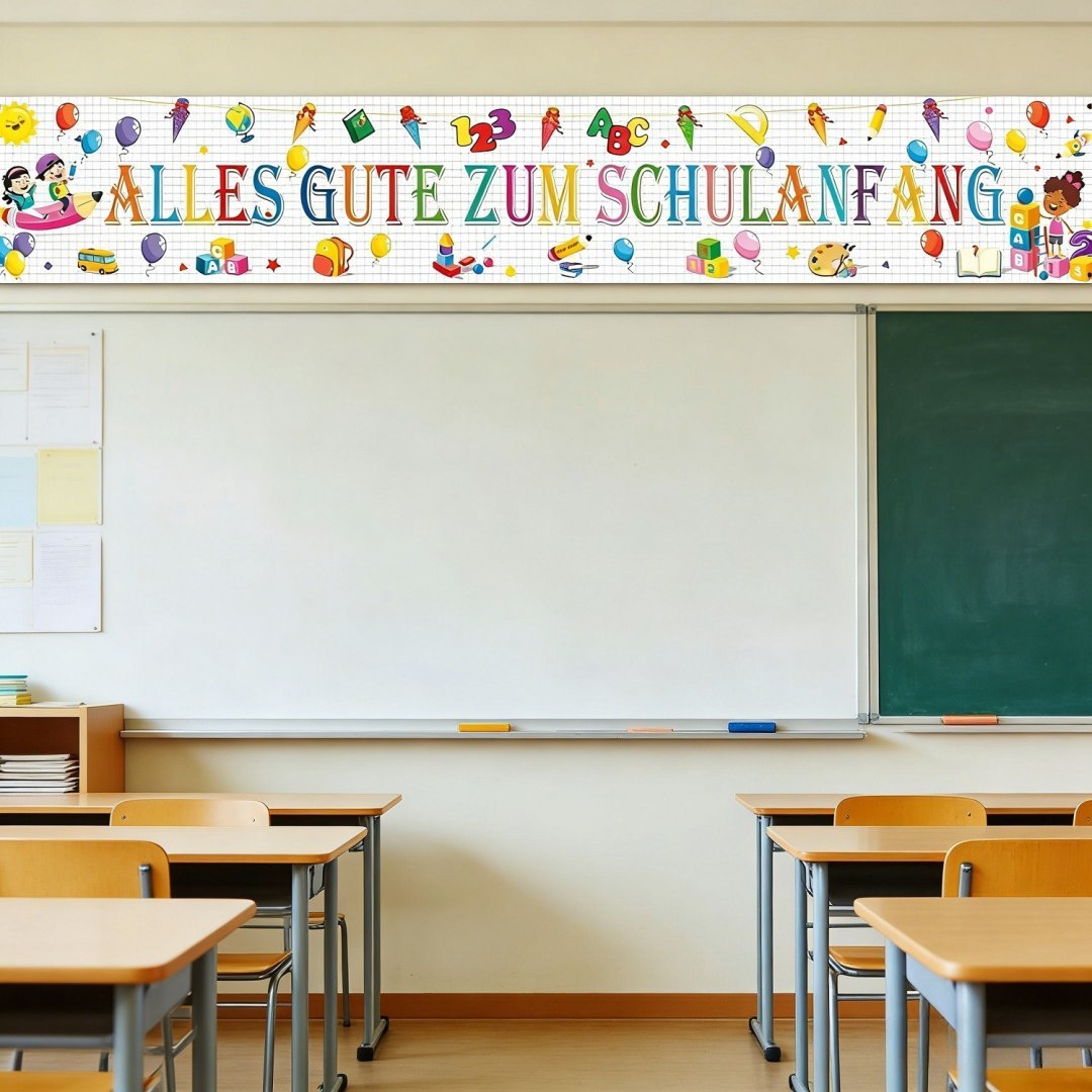 Baner „Szczęśliwego Pierwszego Dnia Szkoły”, Biały, 300×50 cm, Dekoracja na Powrót do Szkoły