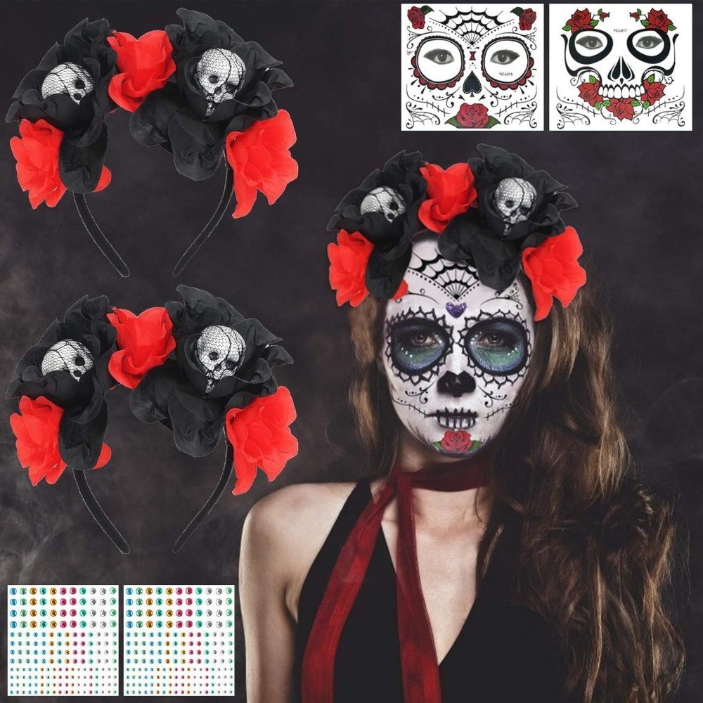 Opaska czaszkowa zestaw 2 sztuki, kolory czarny i czerwony, akcesoria na Dia de los Muertos Opaska czaszkowa zestaw 2 sztuki, kolory czarny i czerwony, akcesoria na Dia de los Muertos