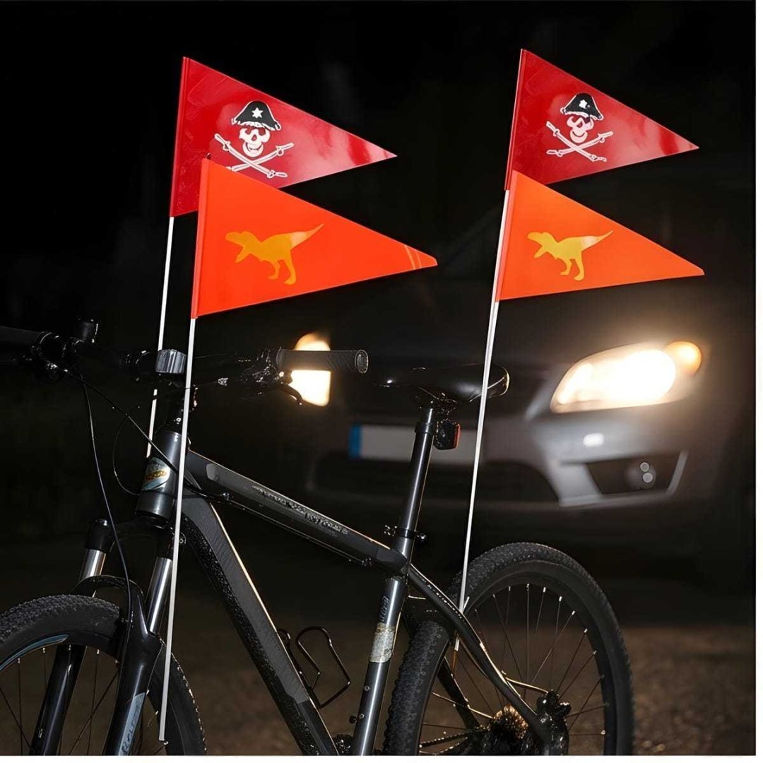 Zestaw flag odblaskowych do roweru, 2 wzory, 5 słupków, zwiększona widoczność Zestaw flag odblaskowych do roweru, 2 wzory, 5 słupków, zwiększona widoczność