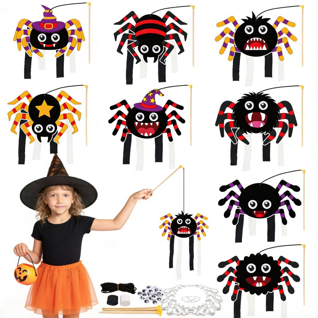 Zestaw do tworzenia dekoracji Halloween – Pudełka pająków, papier krepa, patyczki Zestaw do tworzenia dekoracji Halloween – Pudełka pająków, papier krepa, patyczki