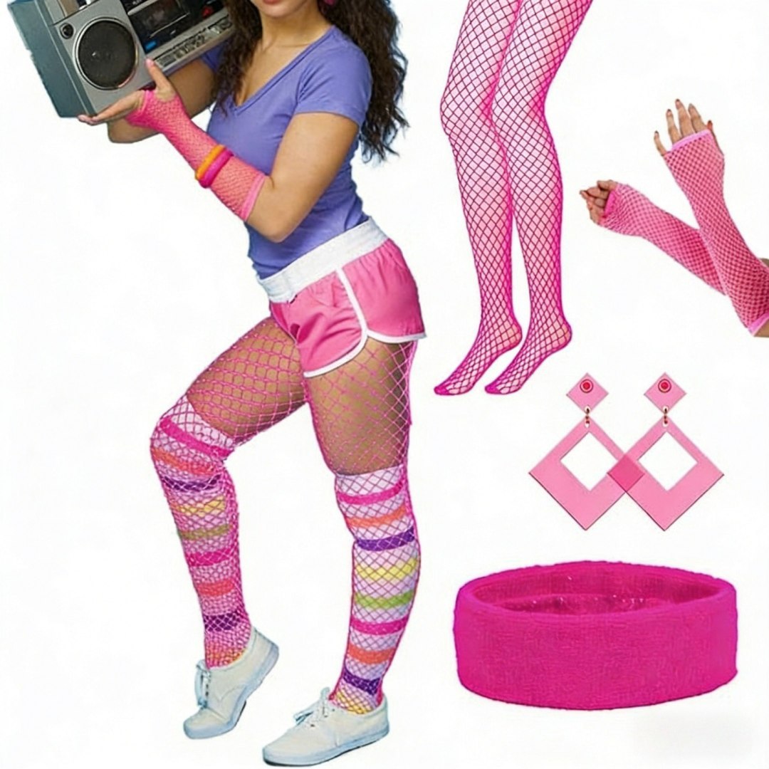 Strój damski w stylu lat 80. różowy fluorescencyjny, 5-elementowy zestaw cosplay Strój damski w stylu lat 80. różowy fluorescencyjny, 5-elementowy zestaw cosplay