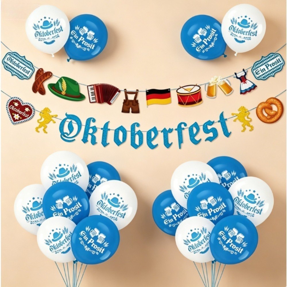 Zestaw dekoracji na Oktoberfest z papierowym banerem i 18 ozdobami w niebiesko-białym kolorze