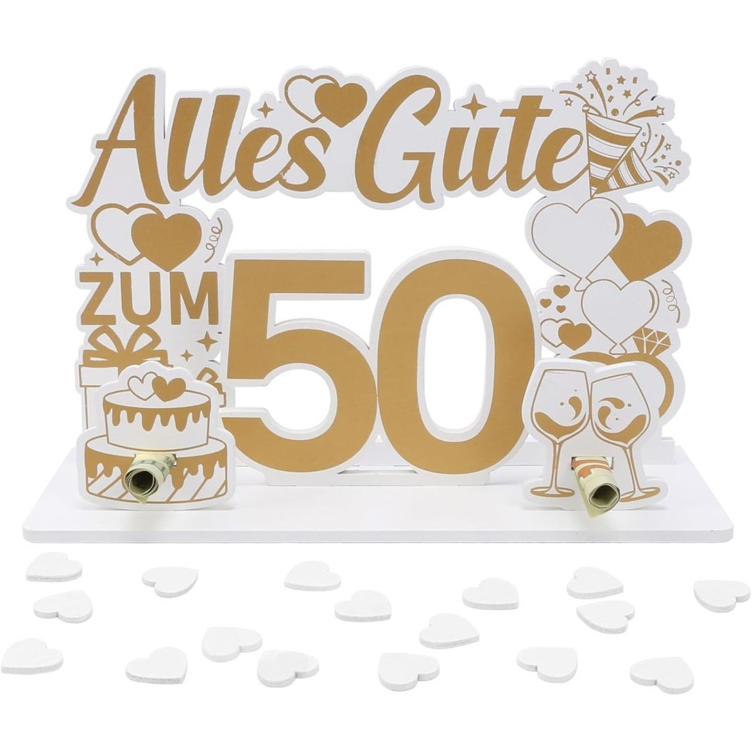 Dekoracje ślubne drewniane na 50. rocznicę, złote akcenty