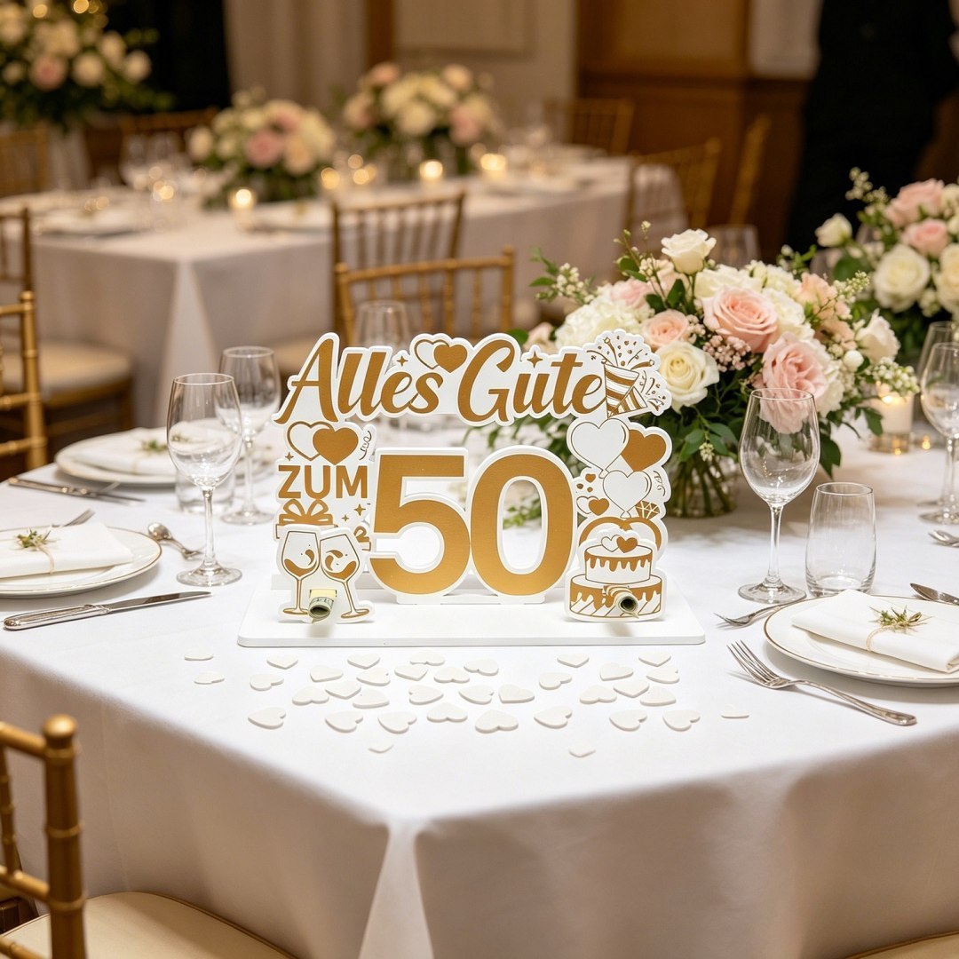 Zestaw dekoracji drewnianych 21 elementów, Happy 50th, białe serca