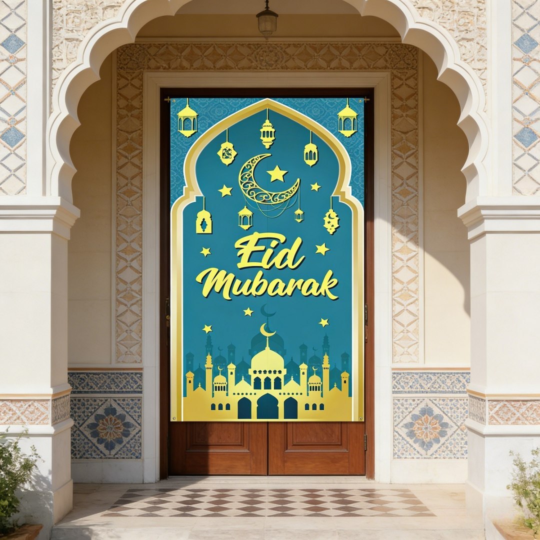 Zasłona drzwiowa niebieska materiałowa na Ramadanu