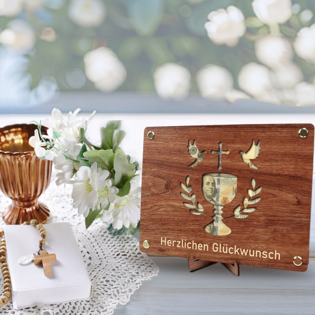 Chalice drewniany na pieniądze na chrzest, prezent komunijny, 15cm