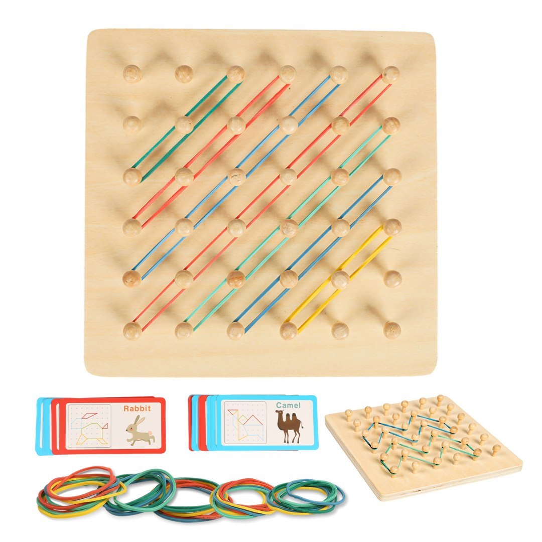 Zestaw tablic geoboard drewnianych z gumkami i 30 kartami szablonów