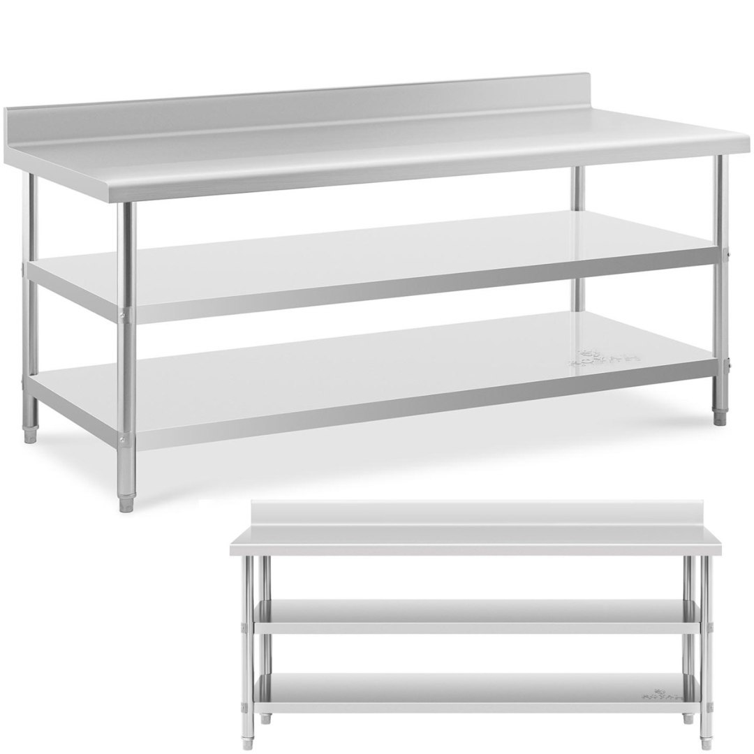 Stół blat roboczy stalowy nierdzewny przyścienny z rantem 2 półki 200x90cm Stół blat roboczy stalowy nierdzewny przyścienny z rantem 2 półki 200x90cm
