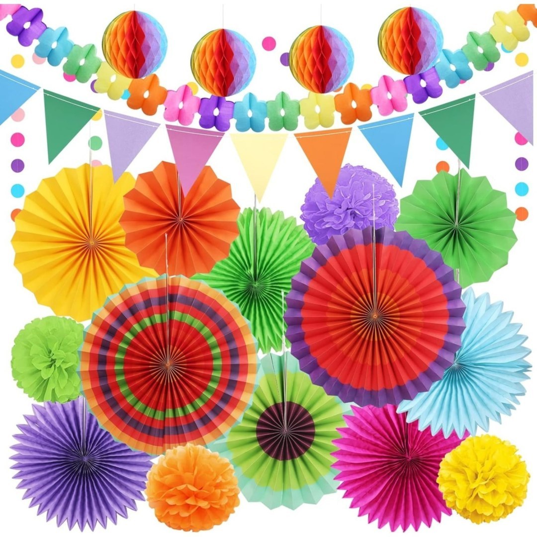 Zestaw dekoracji na Diwali 21 szt.: kolorowe pompony, girlandy, balony Zestaw dekoracji na Diwali 21 szt.: kolorowe pompony, girlandy, balony