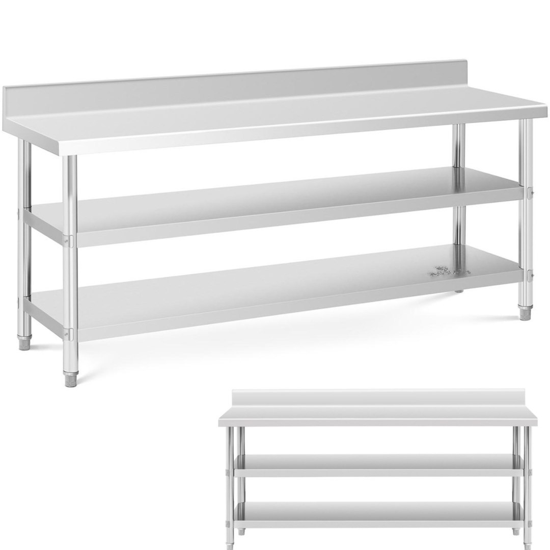 Stół blat roboczy stalowy nierdzewny przyścienny z rantem 2 półki 200x60cm Stół blat roboczy stalowy nierdzewny przyścienny z rantem 2 półki 200x60cm