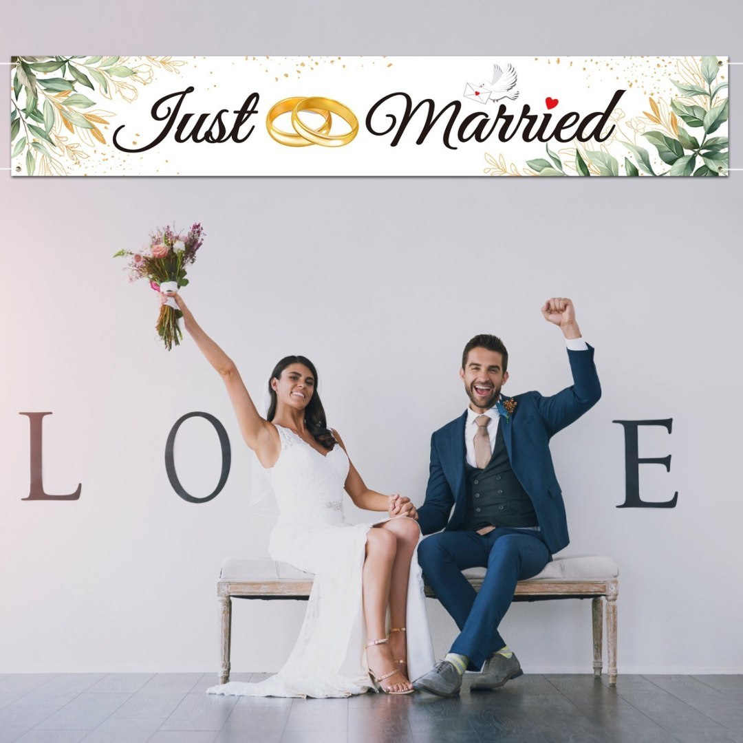 Baner ślubny Just Married, materiał, kolor biały, 300x50cm Baner ślubny Just Married, materiał, kolor biały, 300x50cm
