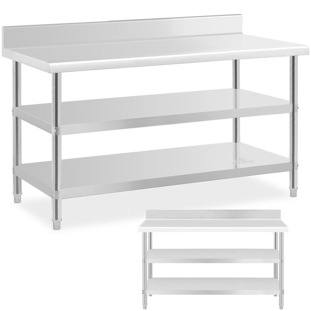 Stół blat roboczy stalowy nierdzewny przyścienny z rantem 2 półki 150x70cm Stół blat roboczy stalowy nierdzewny przyścienny z rantem 2 półki 150x70cm
