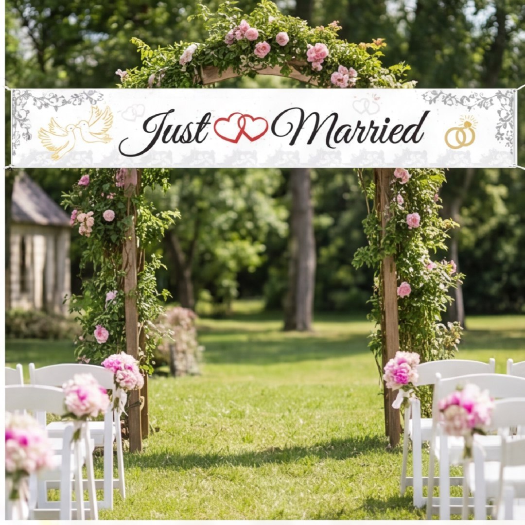 Baner na wesele Just Married z kwiatami i sercami