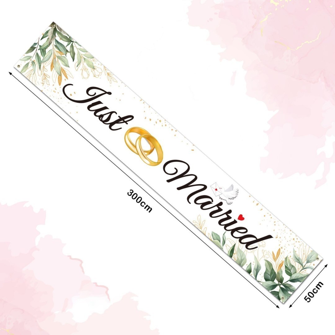 Baner ślubny Just Married, duży materiałowy, dekoracja romantyczna Baner ślubny Just Married, duży materiałowy, dekoracja romantyczna