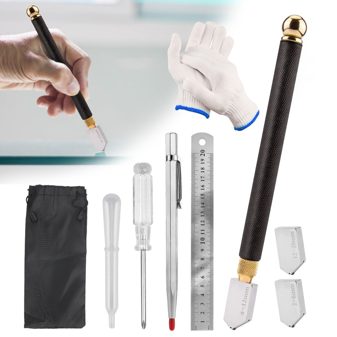 Zestaw narzędzi do cięcia szkła 6-częściowy: profesjonalny diamentowy cutter, 3 wymienne ostrza (2-20 mm), akcesoria