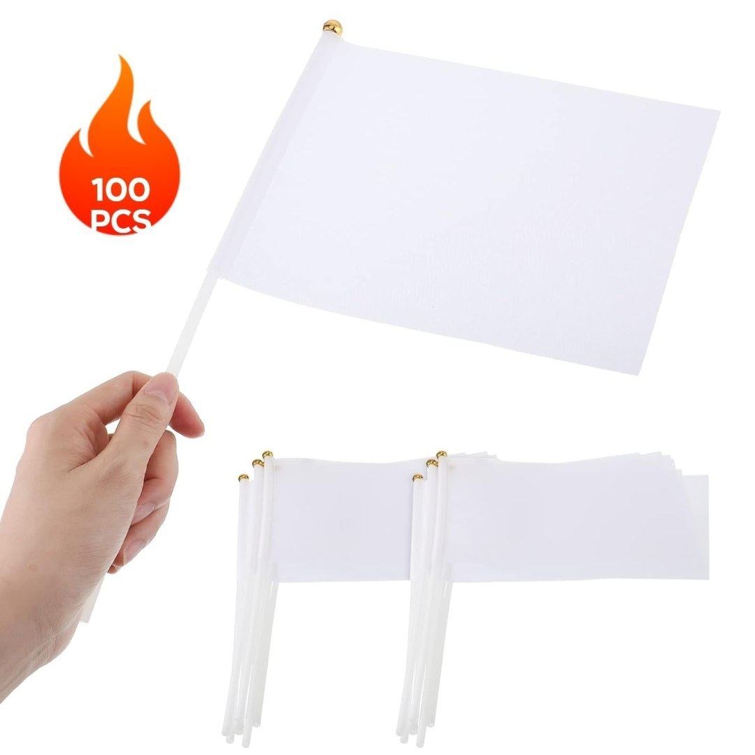 Mini flagi białe 100 szt. z masztami 14×21 cm do dekoracji