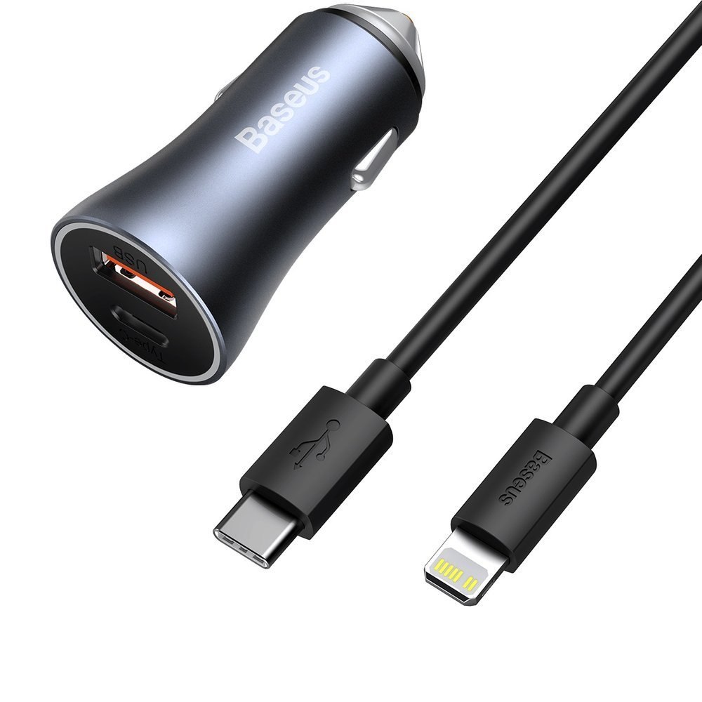 Szybka ładowarka samochodowa USB-C USB 40W PD QC SCP FCP AFC + kabel USB-C – Lightning szary Szybka ładowarka samochodowa USB-C USB 40W PD QC SCP FCP AFC + kabel USB-C – Lightning szary