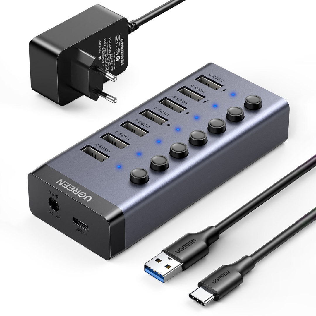 7w1 Wielofunkcyjny HUB rozdzielacz USB-C – 7x USB 3.0 PD DC 12V szary