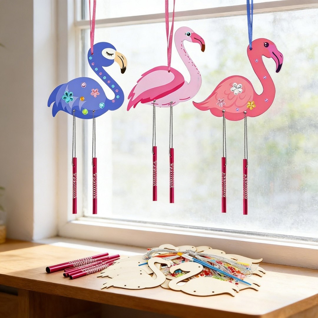Zestaw dzwonków wietrznych flamingo, kolorowe dekoracje do ogrodu Zestaw dzwonków wietrznych flamingo, kolorowe dekoracje do ogrodu