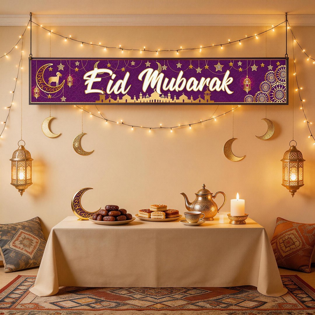 Baner na Eid Mubarak w kolorze purpurowym z złotymi akcentami