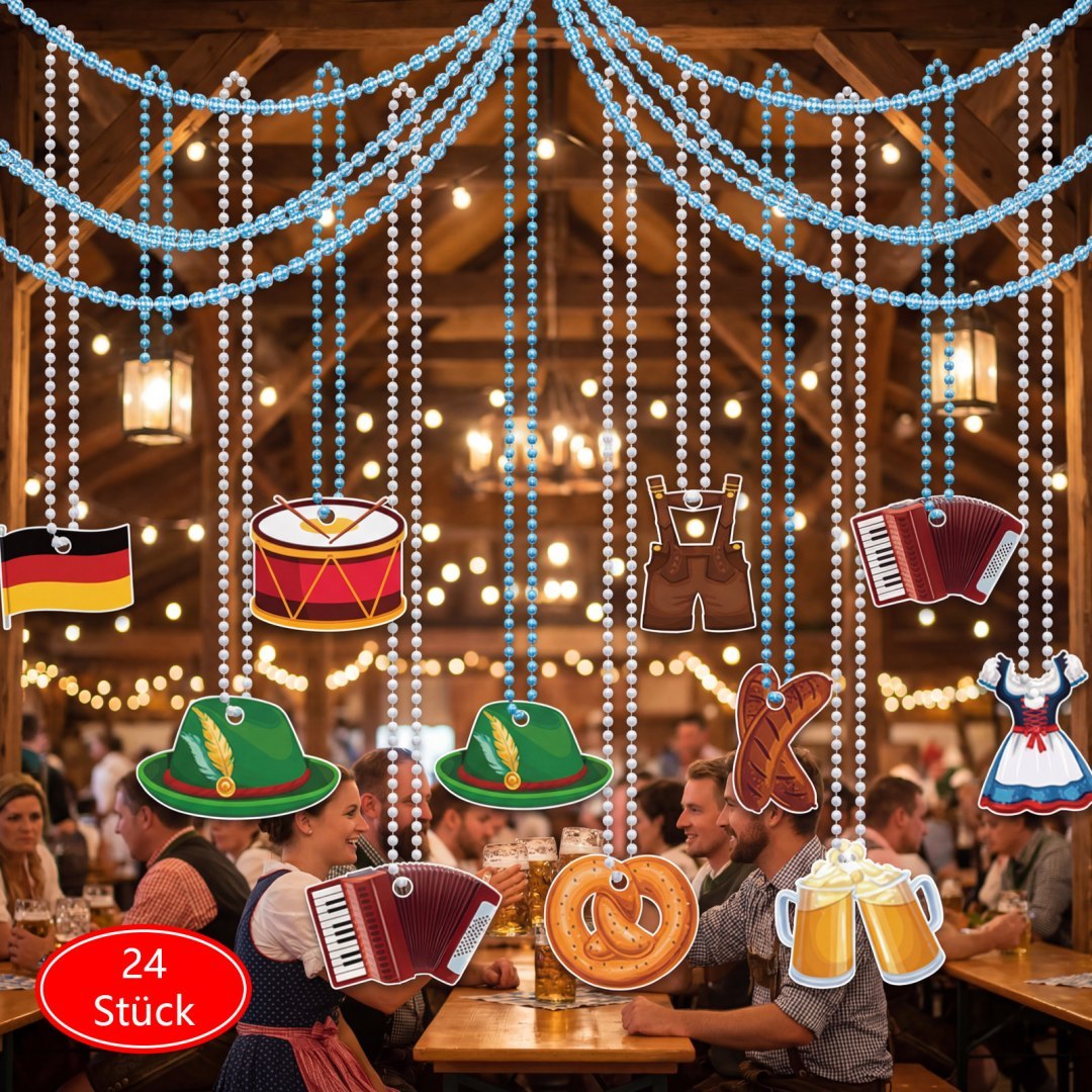 Zestaw akcesoriów imprezowych Oktoberfest 48 sztuk: 24 niebieskie i białe łańcuchy, 24 filcowe ozdoby