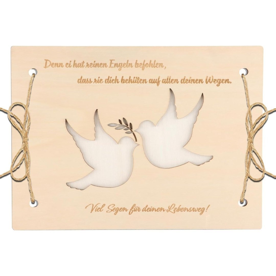 Kartka chrzcielna drewniana z gołębiem, elegancka, personalizowana
