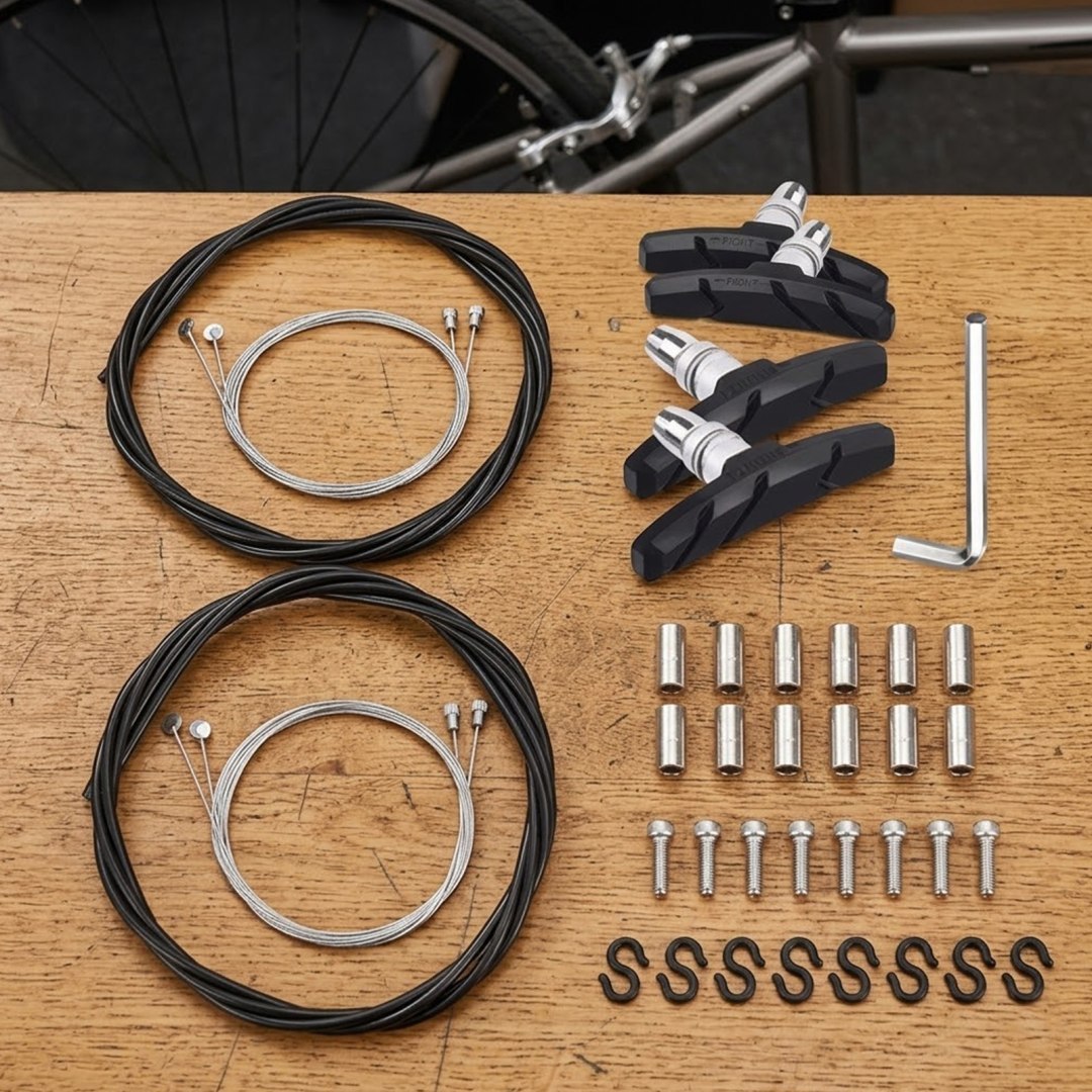 Zestaw kabli hamulcowych do roweru z klockami V-brake, 2 kable, 4 klocki, klucz M5 Zestaw kabli hamulcowych do roweru z klockami V-brake, 2 kable, 4 klocki, klucz M5