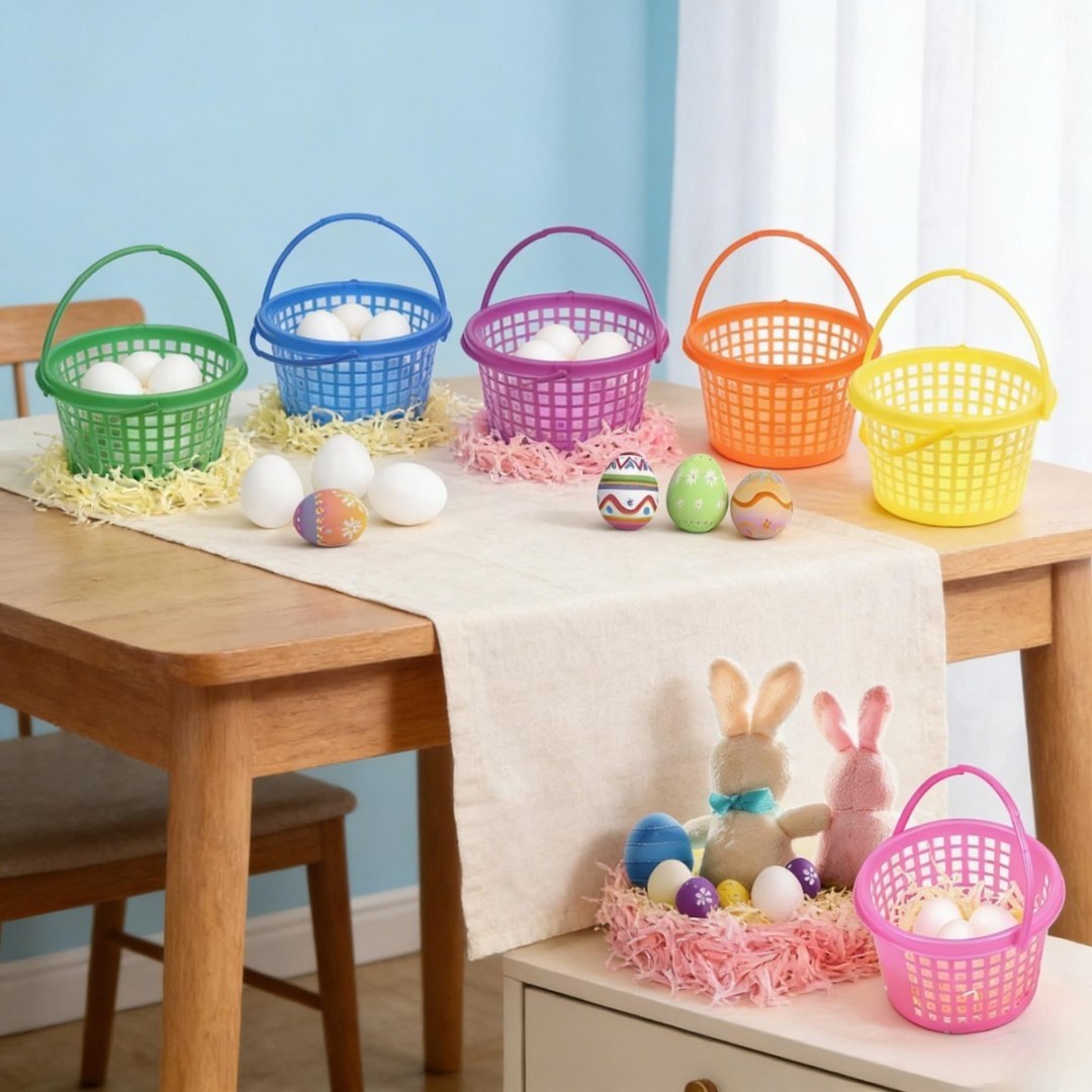 Zestaw dekoracji wielkanocnych – kolorowe kosze i raffia Zestaw dekoracji wielkanocnych – kolorowe kosze i raffia
