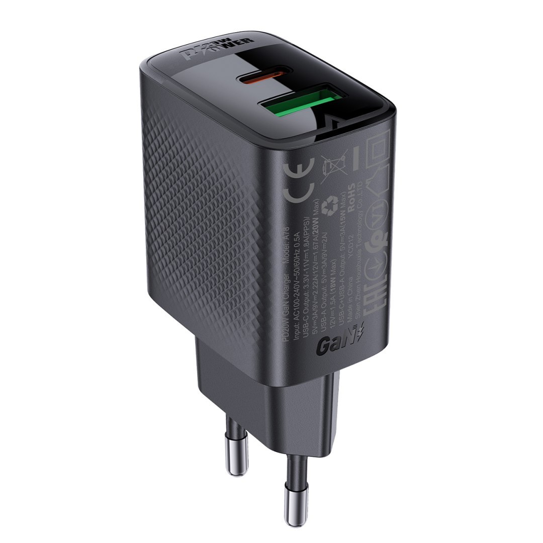 Ładowarka sieciowa A78 GaN USB-A USB-C PD 20W – czarna