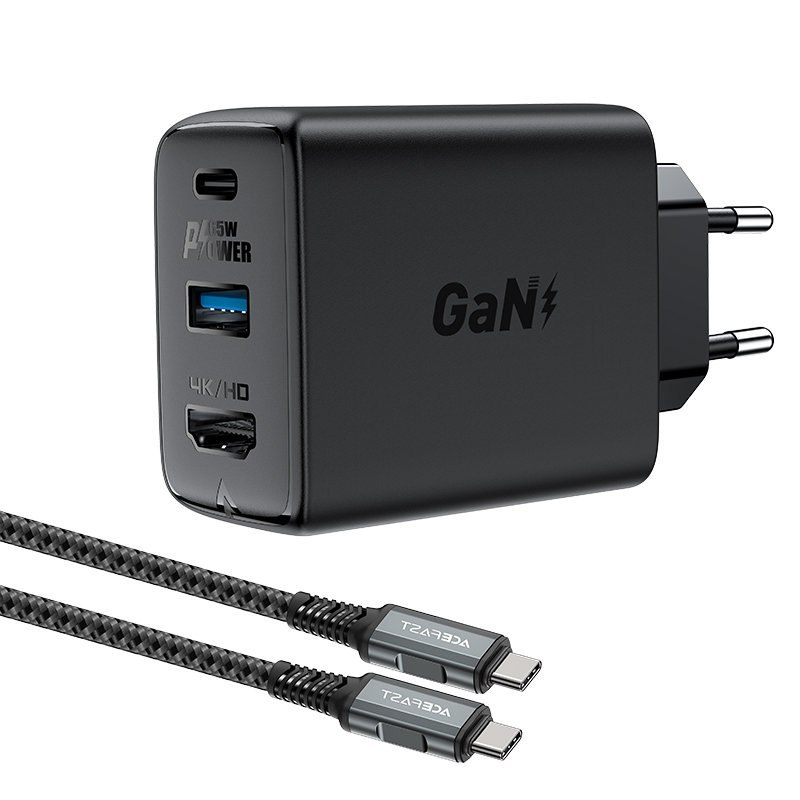 2w1 Ładowarka sieciowa z kablem USB-C + przejściówka adapter USB-C – HDMI 4K czarna