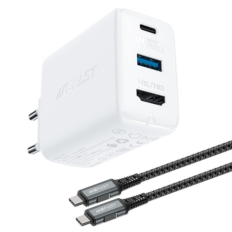2w1 Ładowarka sieciowa z kablem USB-C + przejściówka adapter USB-C – HDMI 4K biały 2w1 Ładowarka sieciowa z kablem USB-C + przejściówka adapter USB-C – HDMI 4K biały