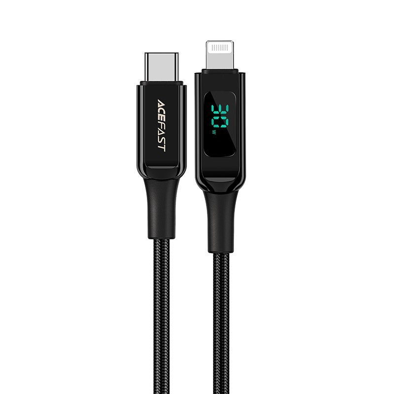 Kabel przewód w oplocie z ekranem LED do iPhone MFI USB-C – Lightning 1.2m 30W 3A czarny Kabel przewód w oplocie z ekranem LED do iPhone MFI USB-C – Lightning 1.2m 30W 3A czarny