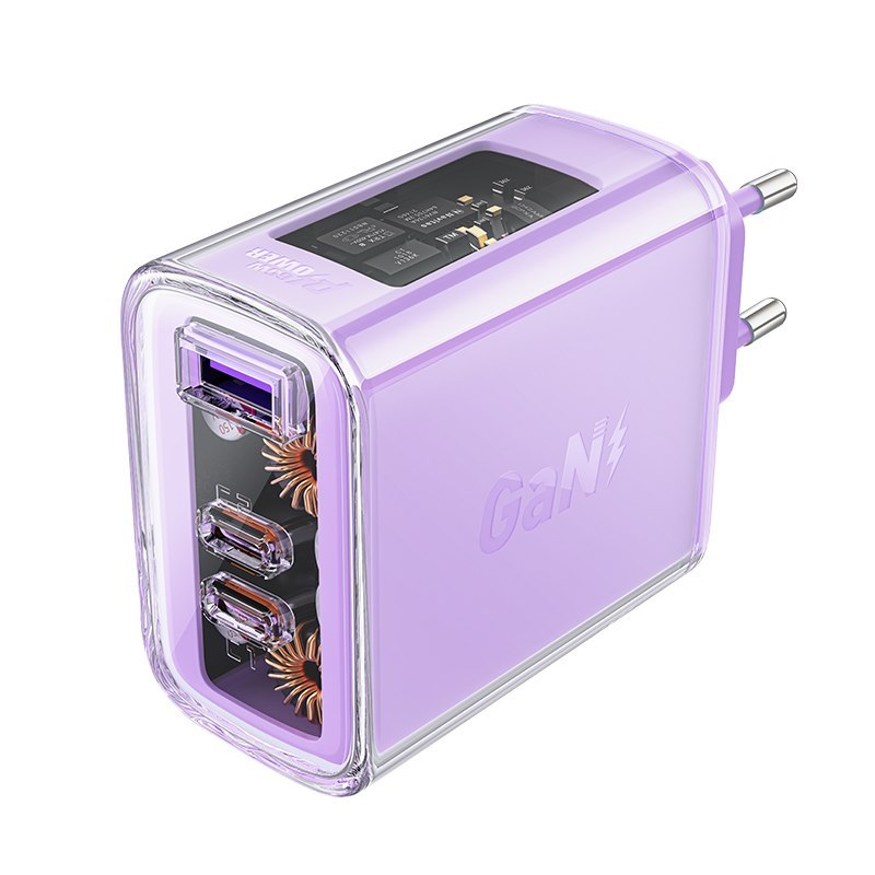Ładowarka sieciowa GaN 65W 3 porty 1x USB 2x USB-C fioletowa Ładowarka sieciowa GaN 65W 3 porty 1x USB 2x USB-C fioletowa