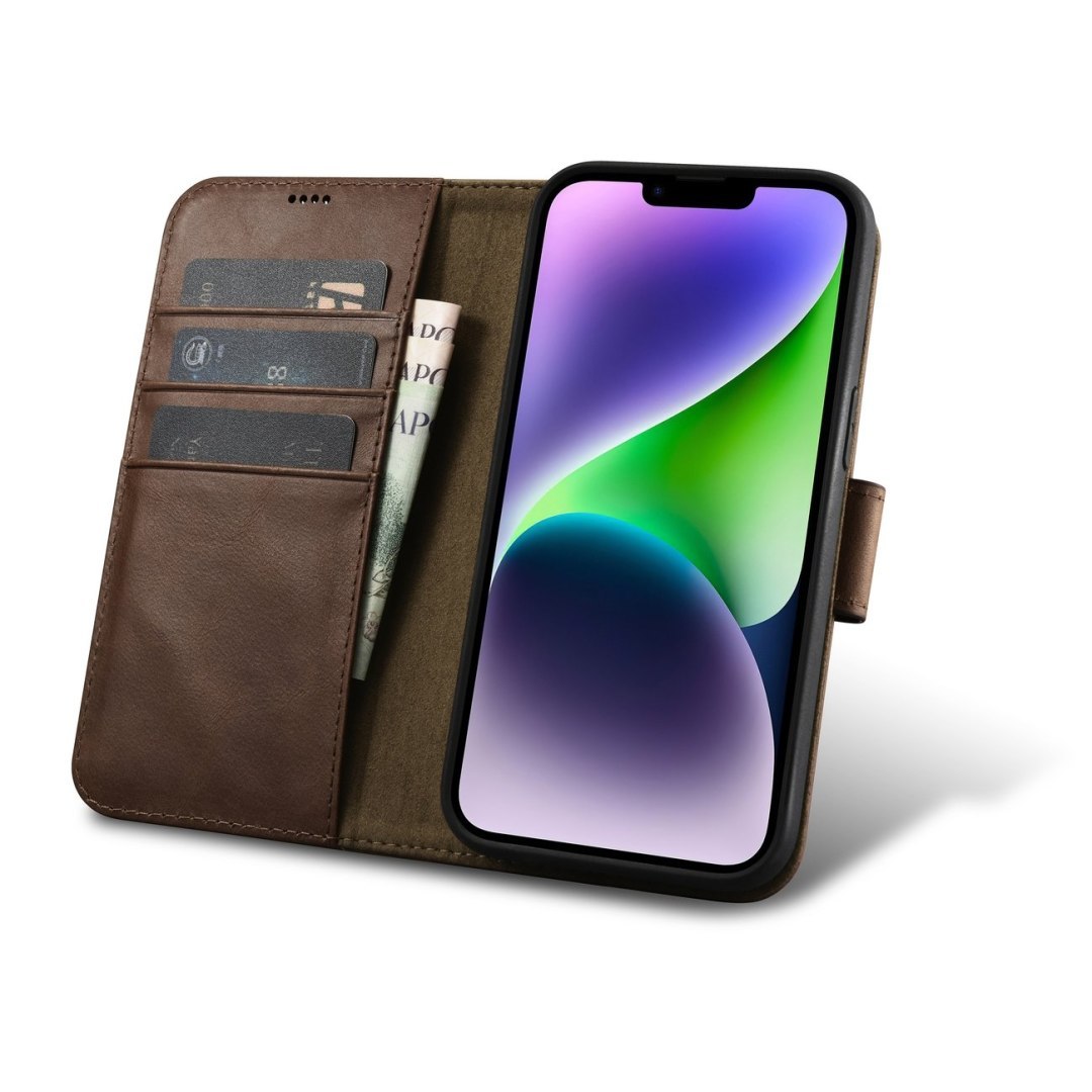 2w1 etui skórzany pokrowiec z klapką iPhone 14 Plus Anti-RFID Oil Wax Wallet Case ciemno-brązowy 2w1 etui skórzany pokrowiec z klapką iPhone 14 Plus Anti-RFID Oil Wax Wallet Case ciemno-brązowy