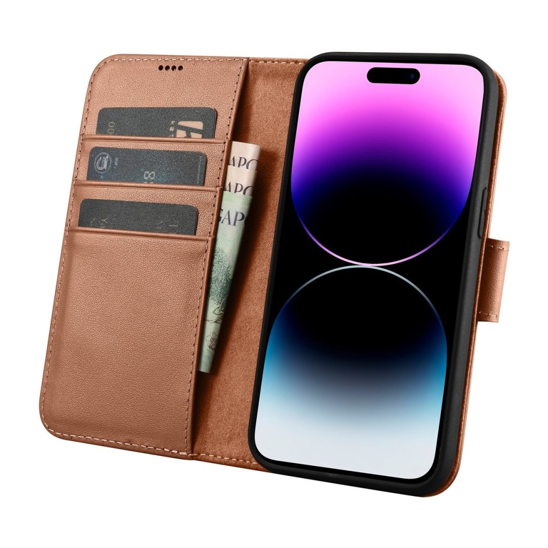 2w1 etui skórzany pokrowiec z klapką iPhone 14 Pro Anti-RFID Wallet Case brązowy 2w1 etui skórzany pokrowiec z klapką iPhone 14 Pro Anti-RFID Wallet Case brązowy
