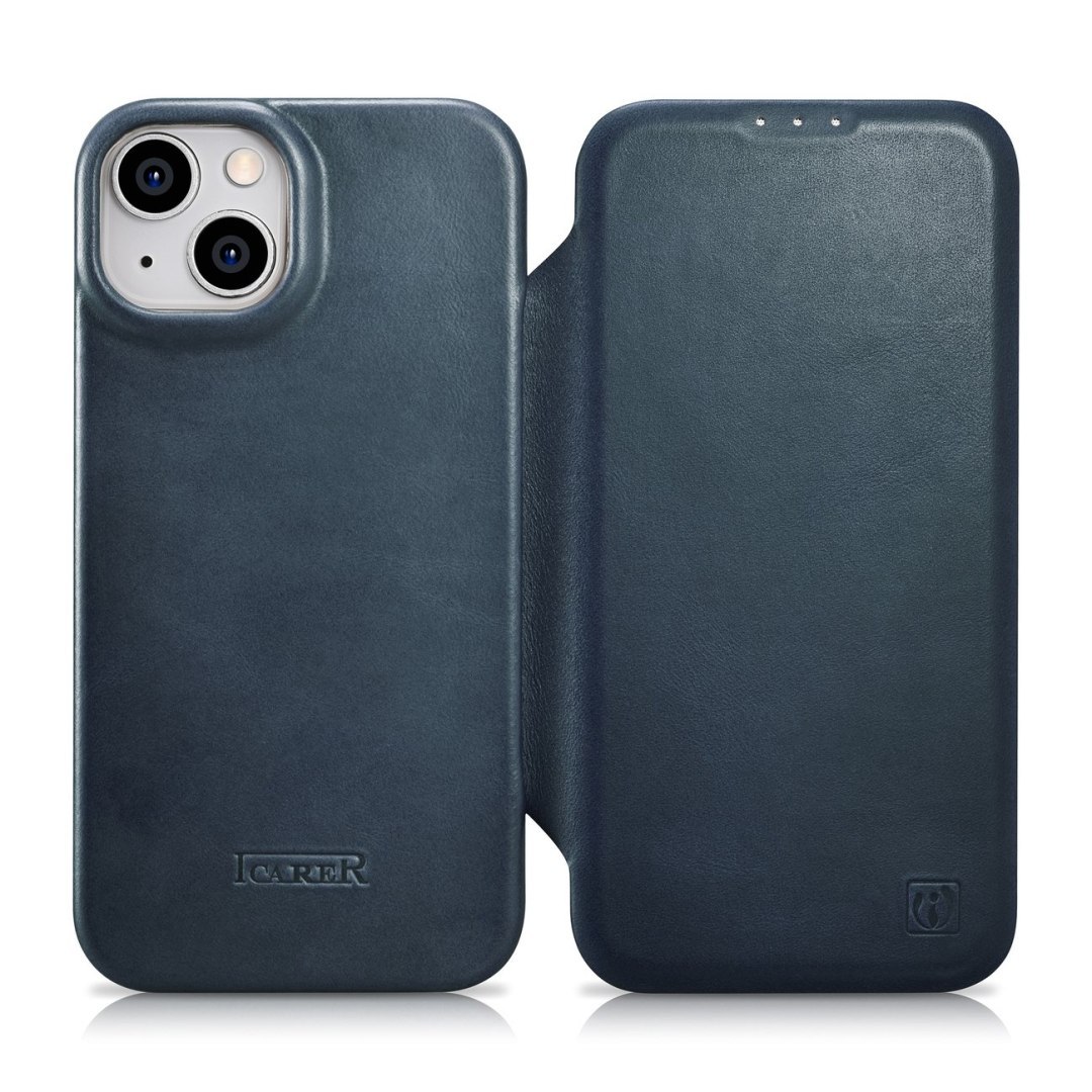 Skórzane etui iPhone 14 z klapką magnetyczne MagSafe CE Oil Wax Premium Leather niebieski Skórzane etui iPhone 14 z klapką magnetyczne MagSafe CE Oil Wax Premium Leather niebieski